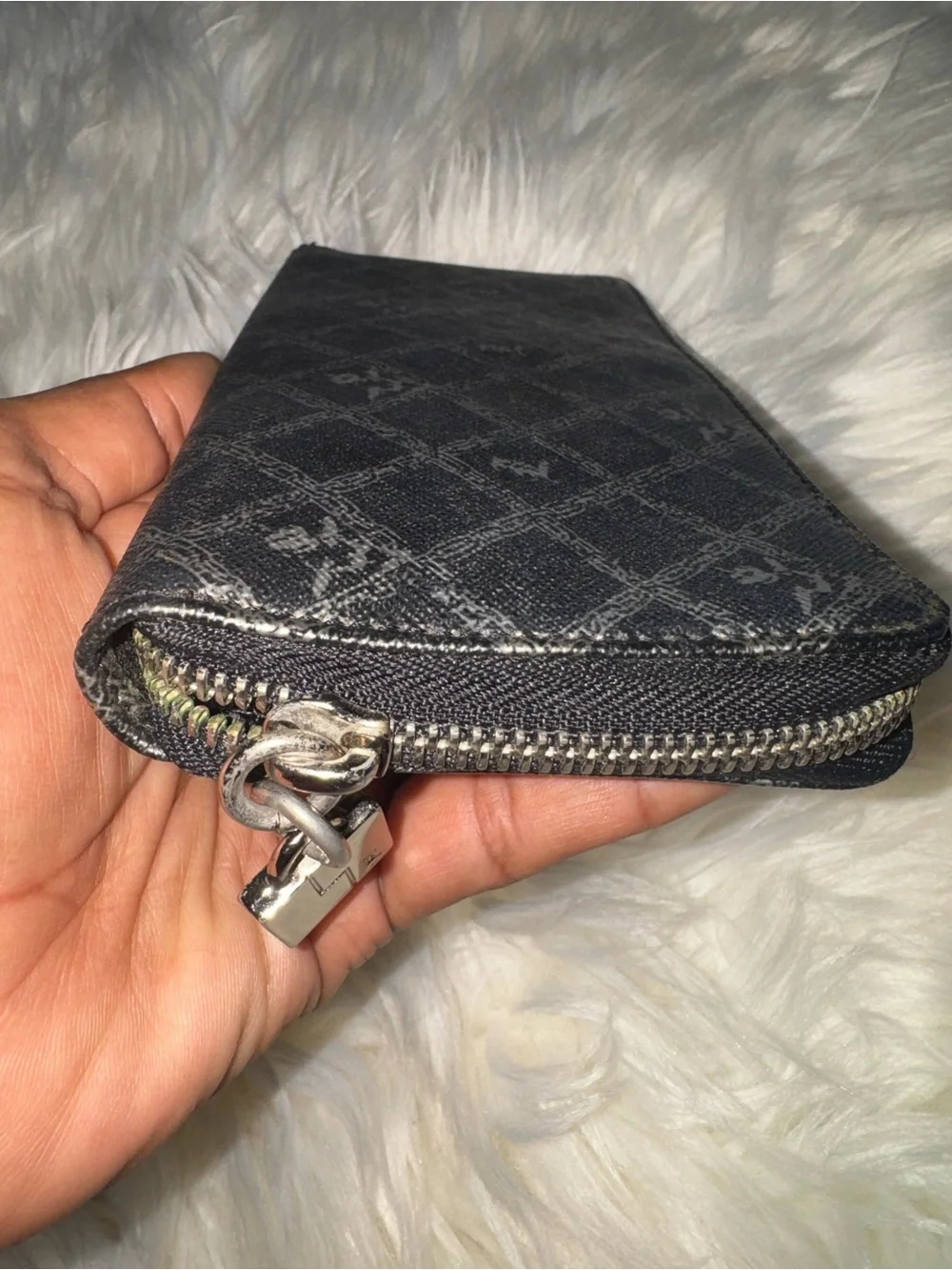 L.A.M.B. Black and Silver Monogram Zip Wallet